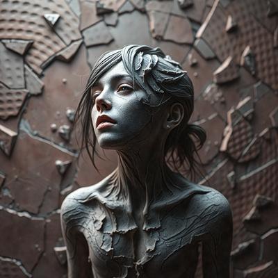 The primary subject of the image is a woman with a skeletal appearance, possibly a sculpture or a digital artwork. She is standing in front of a brick wall, which serves as the setting or background of the scene. The visual style of the image is digital art, as it features a detailed and intricate representation of the woman. The colors and mood of the image are dark and moody, with the woman's skeletal features and the brick wall creating a sense of mystery and intensity.